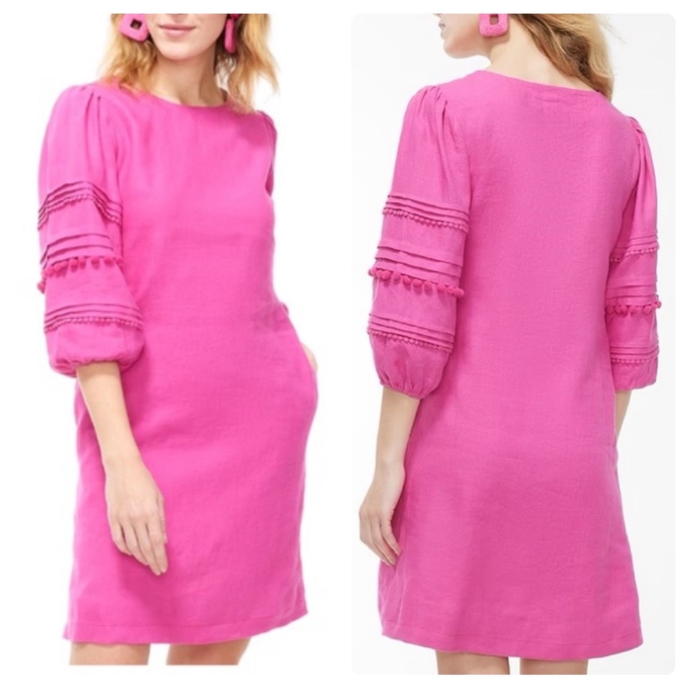 Chico’s 100% Linen Embroidered Pom Pom Summer Dress - Pink
